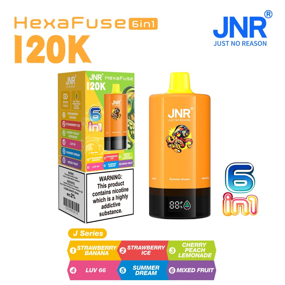 JNR HexaFuse 120K Vape – 6-in-1 Flavor System with 800mAh Rechargeable Battery