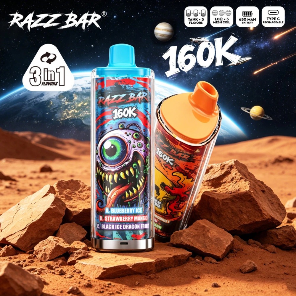 Razz Bar 160K Disposable Vape – 160000 Puffs Triple Flavor System with Rechargeable Battery & Type-C Charging