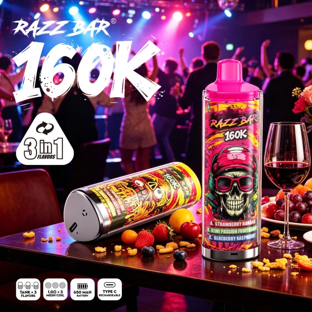 Razz Bar 160K Disposable Vape – 160000 Puffs Triple Flavor System with Rechargeable Battery & Type-C Charging