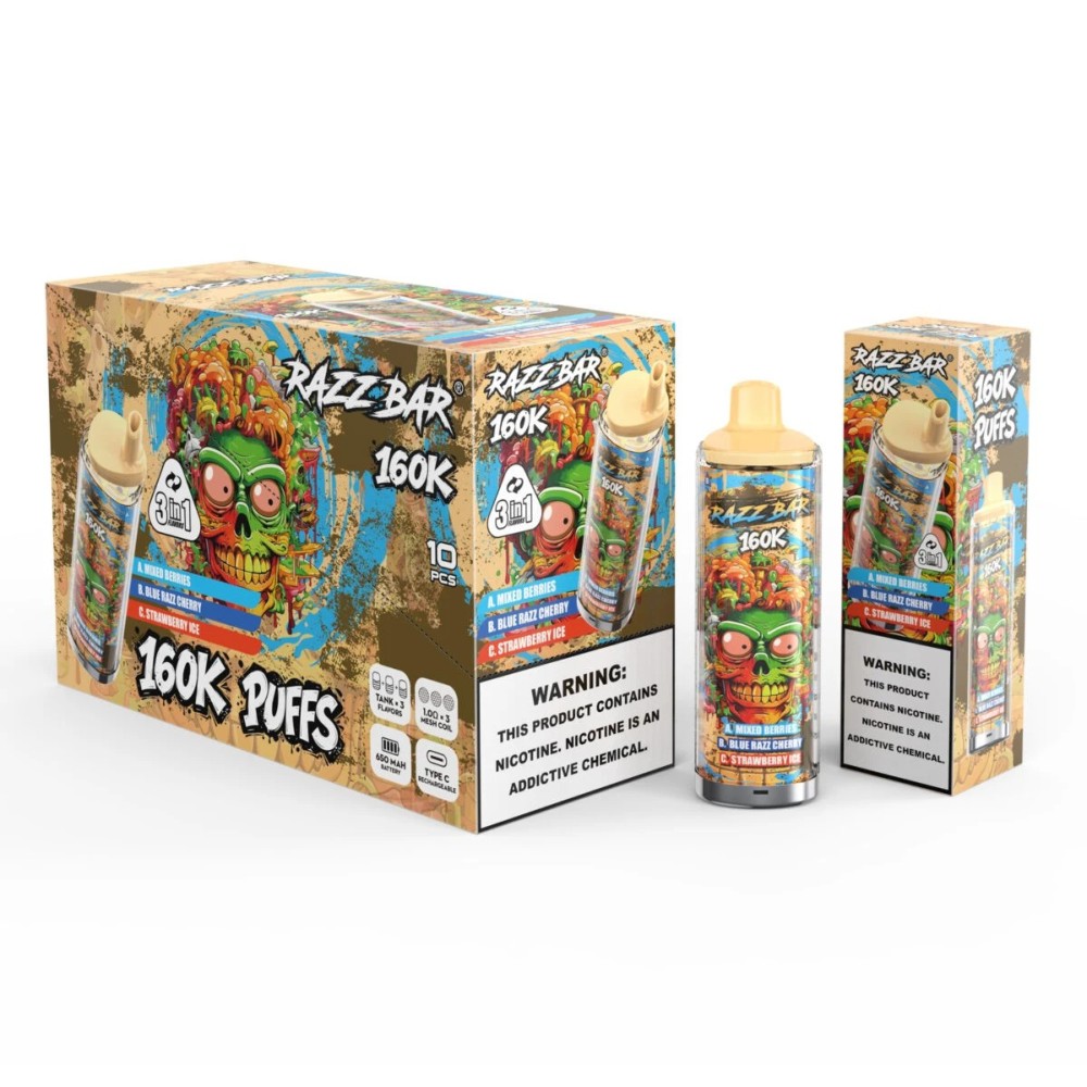 Razz Bar 160K Disposable Vape – 160000 Puffs Triple Flavor System with Rechargeable Battery & Type-C Charging