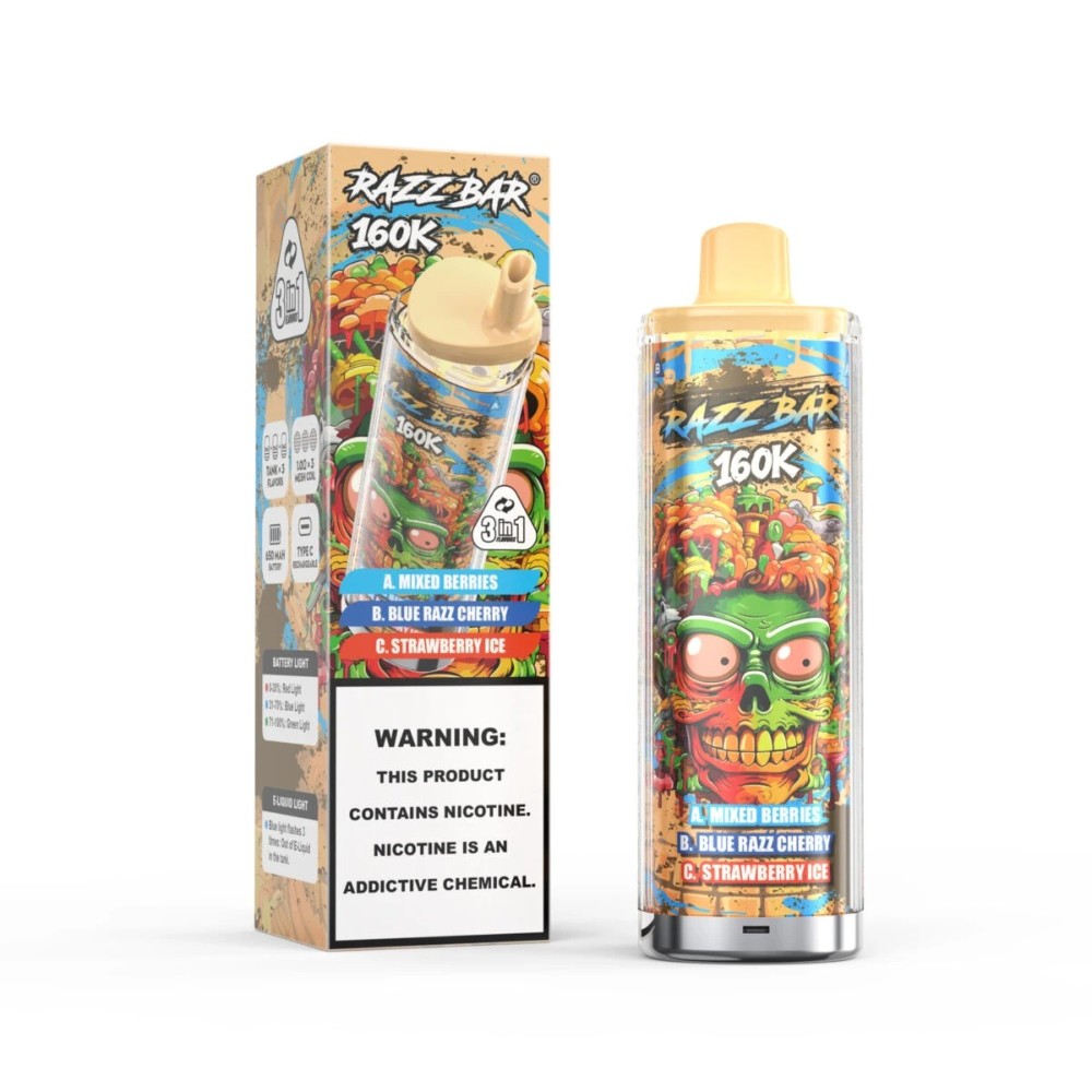 Razz Bar 160K Disposable Vape – 160000 Puffs Triple Flavor System with Rechargeable Battery & Type-C Charging