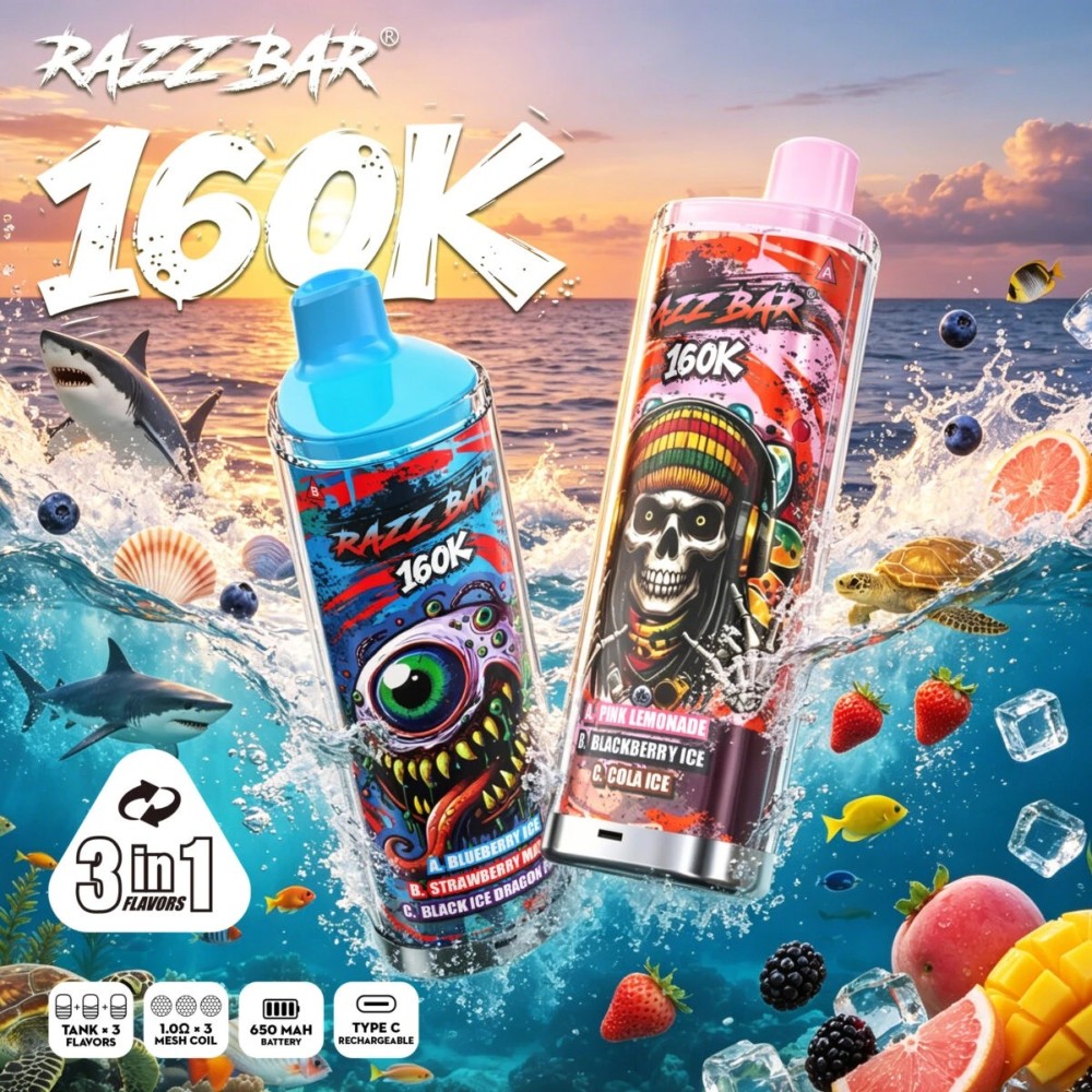 Razz Bar 160K Disposable Vape – 160000 Puffs Triple Flavor System with Rechargeable Battery & Type-C Charging