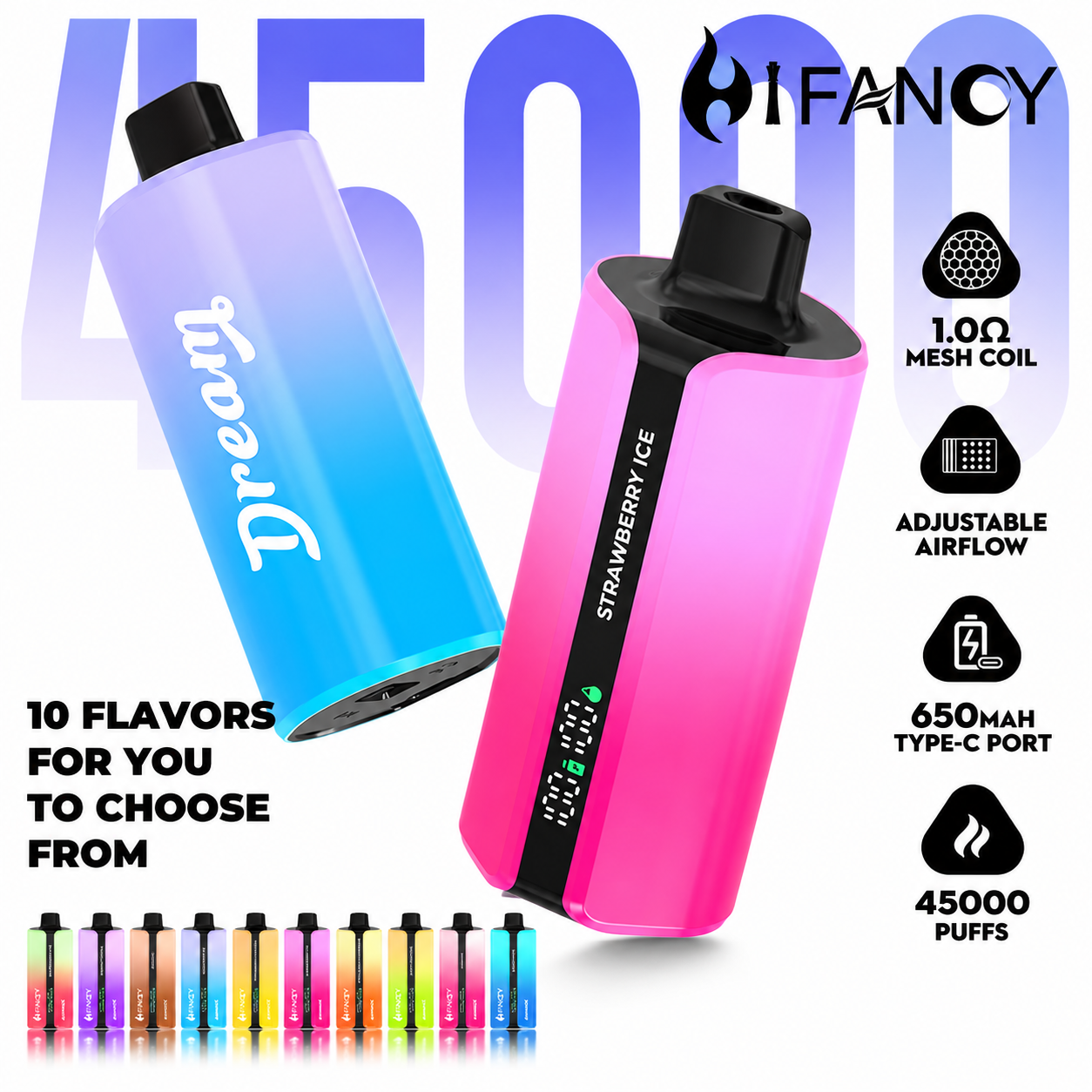 HIFANCY Dream 45000 Puffs Vape Wholesale | DTL Big Cloud Vape with 39ml E-Liquid | Adjustable Airflow | Smart Display