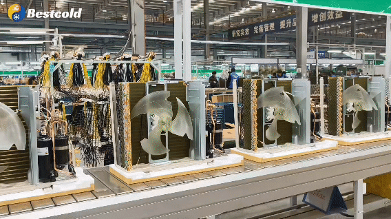 Bestcold HVAC mini-split outdoor condenser units on assembly line with compressors and fan blades