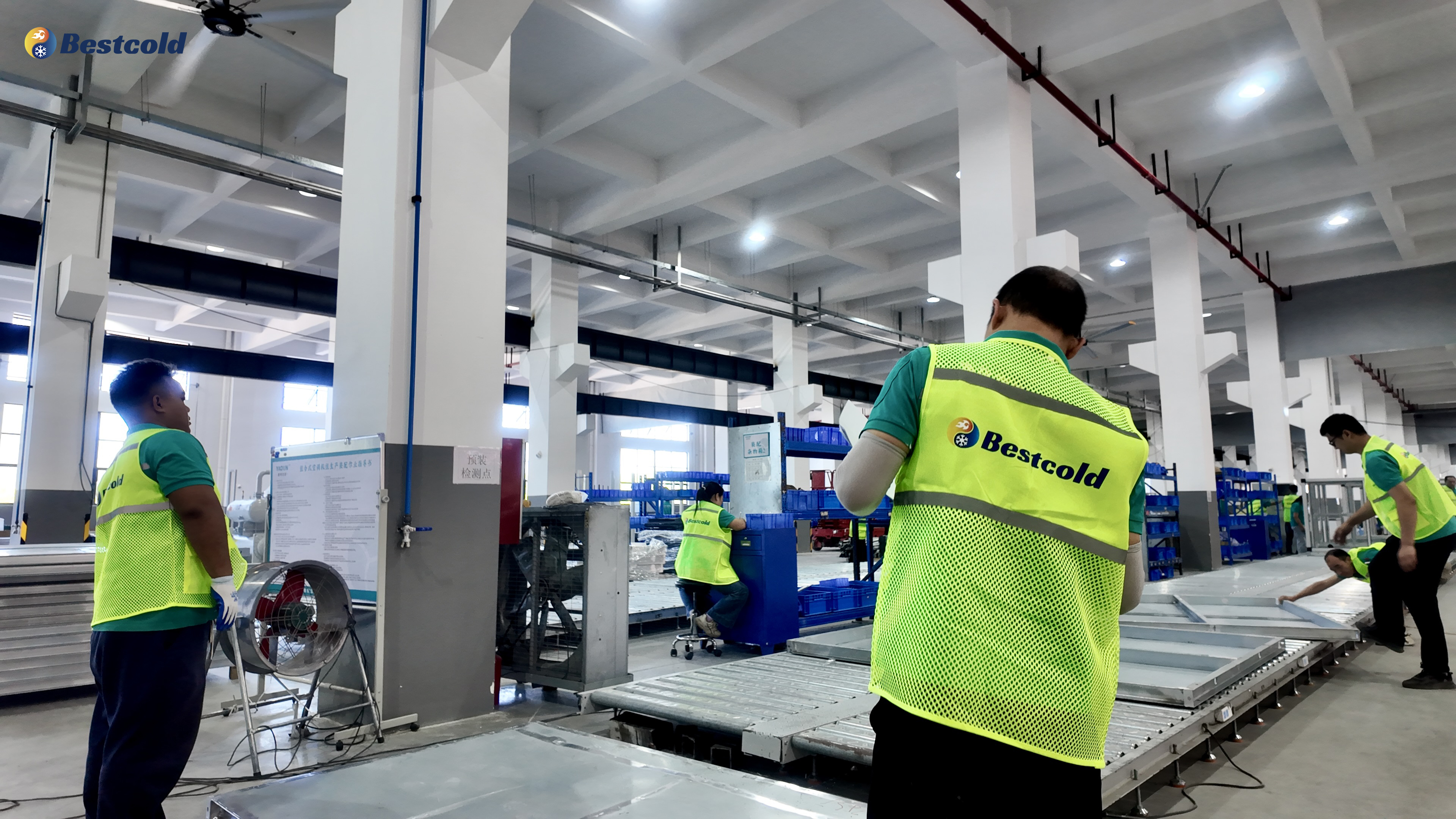 Bestcold HVAC workers on the modern assembly line manufacturing commercial air handling unit panels