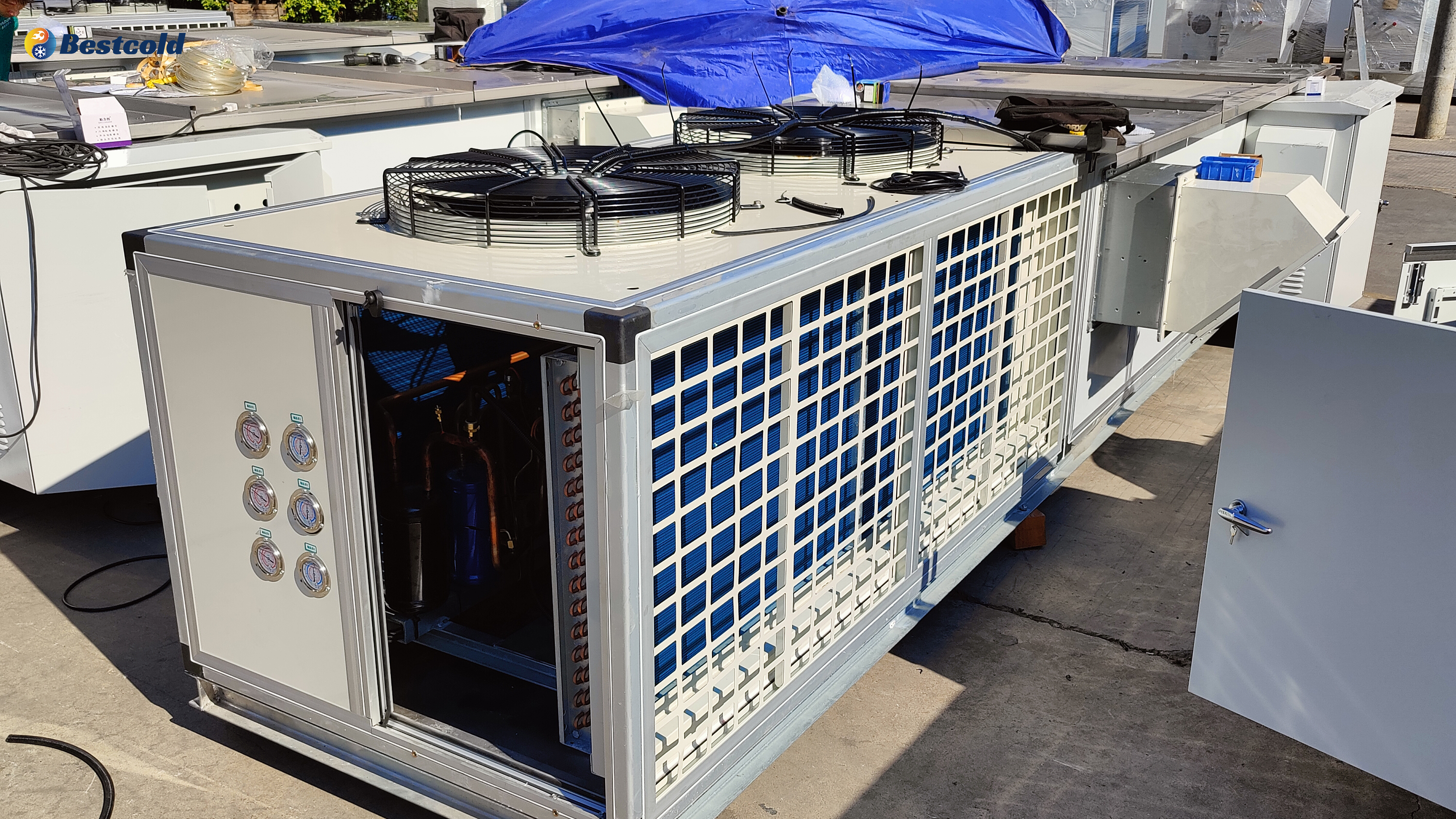 Bestcold HVAC commercial rooftop packaged unit (RTU) with dual top-discharge fans and blue fin condenser coils