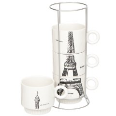 Набор из 4 керамических кружек «Париж» на металлической подставке,Набор из 4 керамических кружек «Париж» на металлической подставке