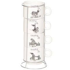 Набор из 4 керамических кружек на металлической подставке,Набор из 4 керамических кружек на металлической подставке