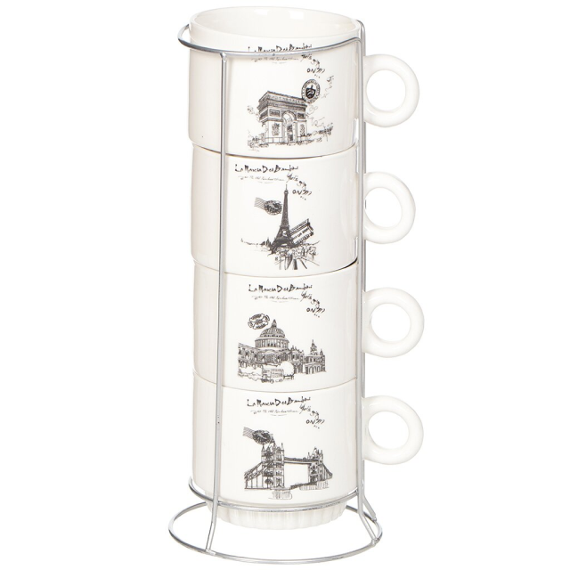 Набор из 4 керамических кружек на металлической подставке,Набор из 4 керамических кружек на металлической подставке