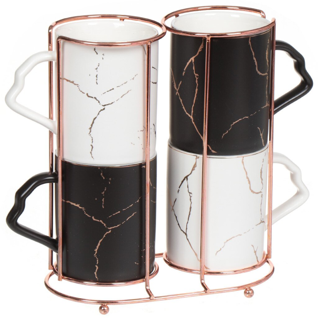 مجموعة من 4 أكواب بمزيج من الرخام الأبيض والأسود على حامل معدني 340 مل,مجموعة من 4 أكواب بمزيج من الرخام الأبيض والأسود على حامل معدني 340 مل