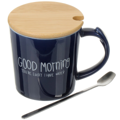 كوب سيراميك صباح الخير 400 مل مع غطاء من الخيزران وملعقة من الستانلس ستيل,كوب سيراميك صباح الخير 400 مل مع غطاء من الخيزران وملعقة من الستانلس ستيل