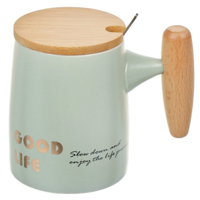 كوب سيراميك 400 مل بمقبض خشبي وغطاء وملعقة,كوب سيراميك 400 مل بمقبض خشبي وغطاء وملعقة