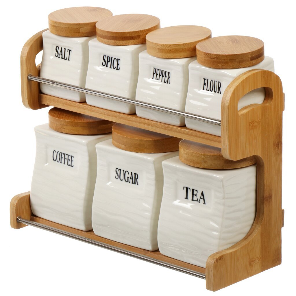 7PCS Ceramic Canister Set on Bamboo Stand,7PCS Ceramic Canister Set on Bamboo Stand