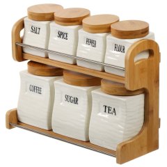 مجموعة علب سيراميك مكونة من 7 قطع على حامل من الخيزران,مجموعة علب سيراميك مكونة من 7 قطع على حامل من الخيزران