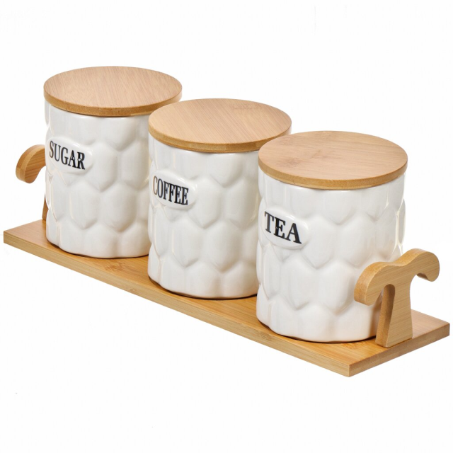 علبة سيراميك، برطمان سيراميك، 3 قطع، مع غطاء، على حامل من الخيزران,علبة سيراميك، برطمان سيراميك، 3 قطع، مع غطاء، على حامل من الخيزران