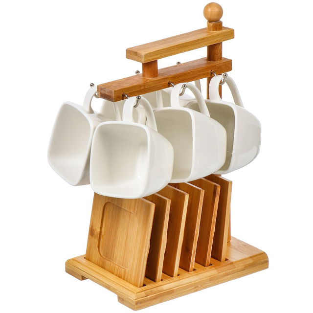 كوب وصحن سيراميك سعة 120 مل على حامل من الخيزران لـ 6 أشخاص,كوب وصحن سيراميك سعة 120 مل على حامل من الخيزران لـ 6 أشخاص