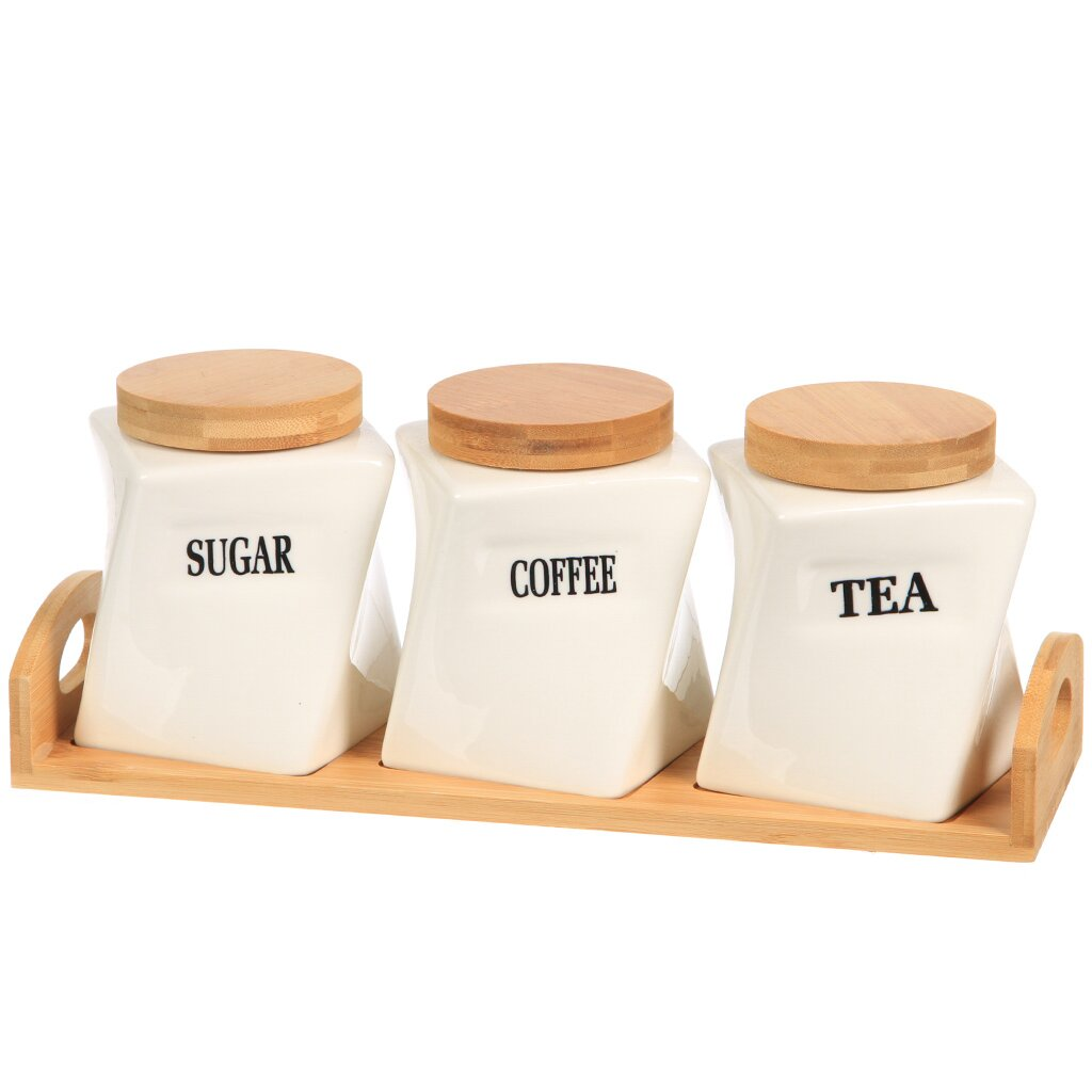 Ceramic Canister Set 3PCS on Bamboo Stand,Ceramic Canister Set 3PCS on Bamboo Stand
