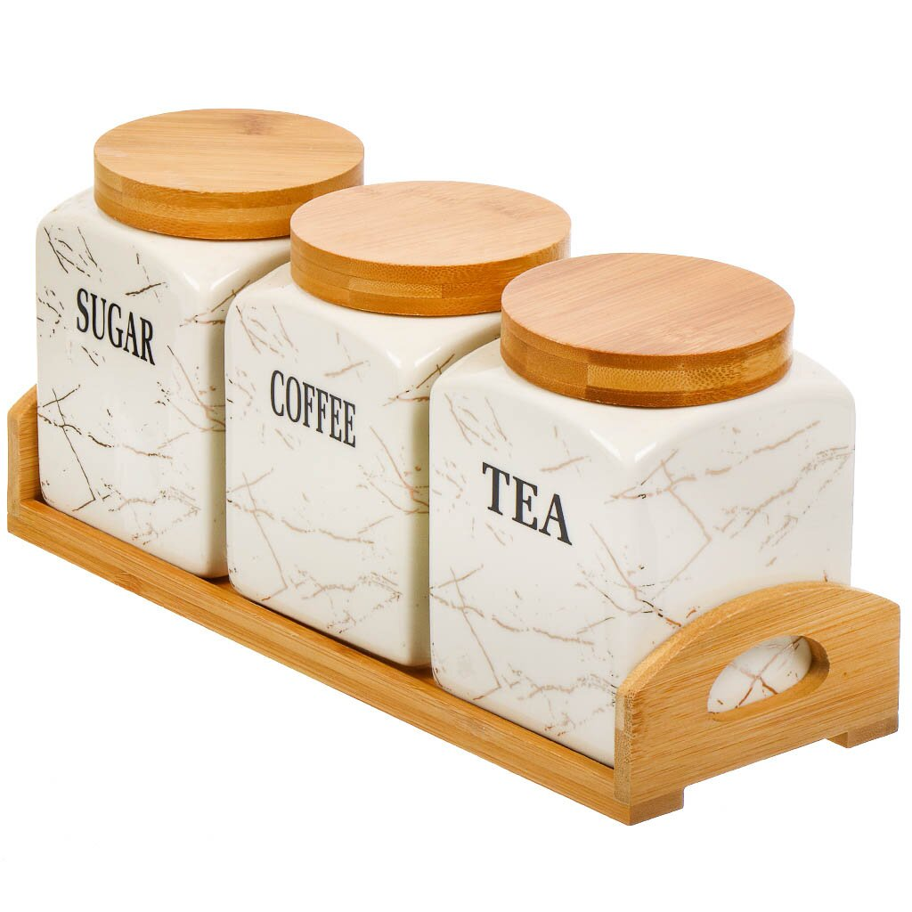 Ceramic Canister White Marble With Gold on Bamboo Stand 3 PCS Set with Lid,Ceramic Canister White Marble With Gold on Bamboo Stand 3 PCS Set with Lid