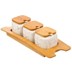 مجموعة علب سيراميك مكونة من 3 قطع على حامل من الخيزران,مجموعة علب سيراميك مكونة من 3 قطع على حامل من الخيزران