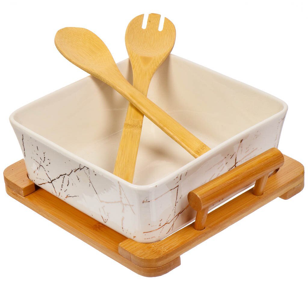 Ceramic Salad Bowl White Marble With Gold on Bamboo Stand 21*20*8CM,Marble Ceramic Salad Bowl - 21x20x8cm Kitchenware Wholesale