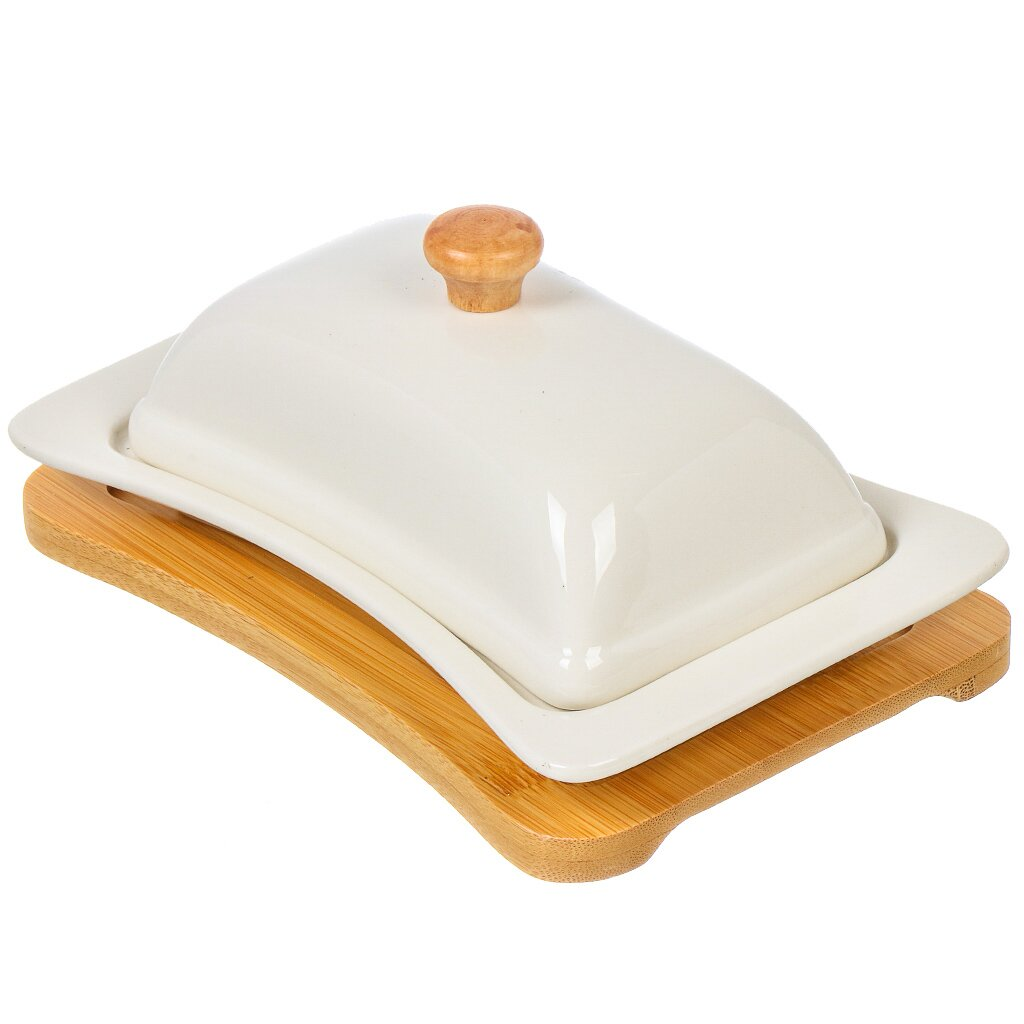 White Ceramic Butter Dish 18*12*9CM on Bamboo Stand,White Ceramic Butter Dish - 18x12x9CM - Kitchenware Supplier