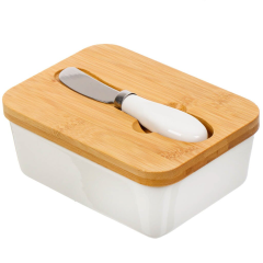 طبق زبدة سيراميك مع سكين وغطاء من الخيزران 15.7*11*6 سم,طبق زبدة سيراميك مع سكين وغطاء من الخيزران 15.7*11*6 سم