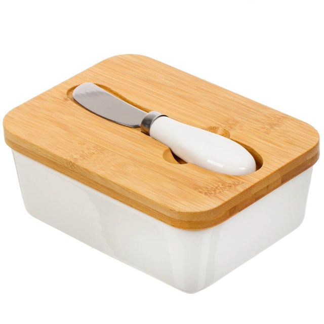 طبق زبدة سيراميك مع سكين وغطاء من الخيزران 15.7*11*6 سم,طبق زبدة سيراميك مع سكين وغطاء من الخيزران 15.7*11*6 سم