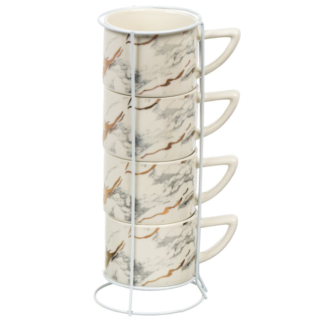 كوب سيراميك ٤ قطع على حامل معدني ٣٠٠ مل رخام أبيض,كوب سيراميك ٤ قطع على حامل معدني ٣٠٠ مل رخام أبيض