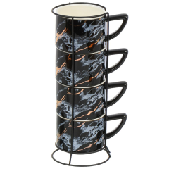 كوب سيراميك ٤ قطع على حامل معدني ٣٠٠ مل رخامي أسود,كوب سيراميك ٤ قطع على حامل معدني ٣٠٠ مل رخامي أسود