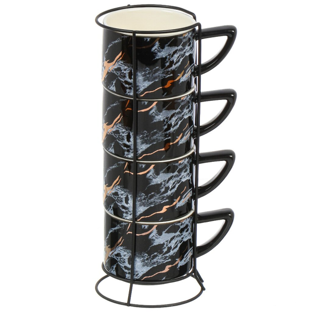 كوب سيراميك ٤ قطع على حامل معدني ٣٠٠ مل رخامي أسود,كوب سيراميك ٤ قطع على حامل معدني ٣٠٠ مل رخامي أسود