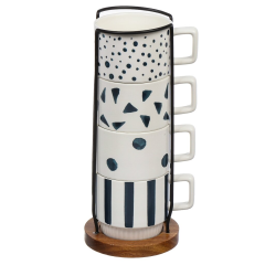 كوب سيراميك ٤ قطع على حامل معدني ٣٠٠ مل، تصميم هندسي أزرق,كوب سيراميك ٤ قطع على حامل معدني ٣٠٠ مل، تصميم هندسي أزرق