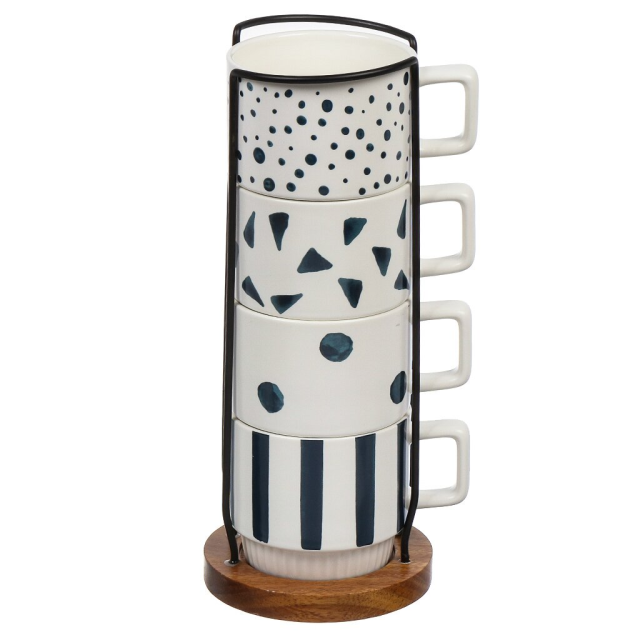 كوب سيراميك ٤ قطع على حامل معدني ٣٠٠ مل، تصميم هندسي أزرق,كوب سيراميك ٤ قطع على حامل معدني ٣٠٠ مل، تصميم هندسي أزرق