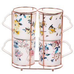 Набор из 4 керамических кружек с цветочным рисунком на металлической подставке, 350 мл,Набор из 4 керамических кружек с цветочным рисунком на металлической подставке, 350 мл