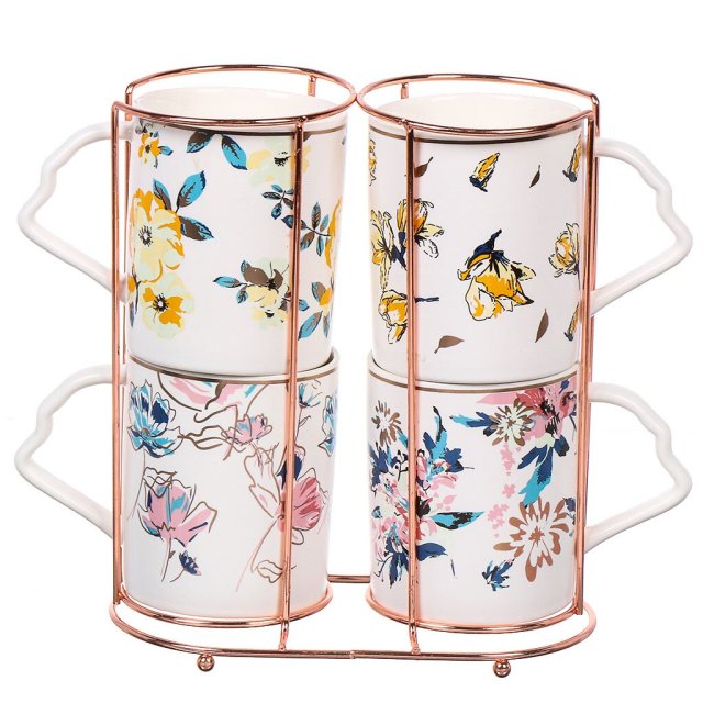 Набор из 4 керамических кружек с цветочным рисунком на металлической подставке, 350 мл,Набор из 4 керамических кружек с цветочным рисунком на металлической подставке, 350 мл