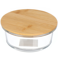 وعاء زجاجي دائري بغطاء من الخيزران 620 مل 15*15*7 سم,وعاء زجاجي دائري بغطاء من الخيزران 620 مل 15*15*7 سم