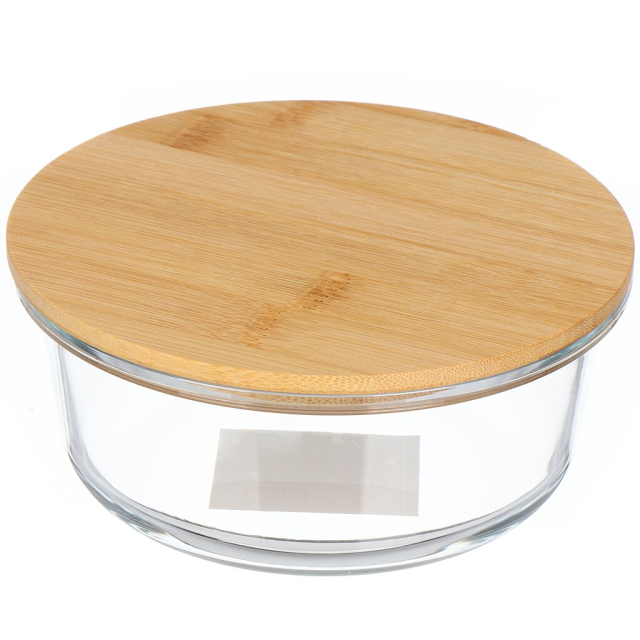 وعاء زجاجي دائري بغطاء من الخيزران 620 مل 15*15*7 سم,وعاء زجاجي دائري بغطاء من الخيزران 620 مل 15*15*7 سم