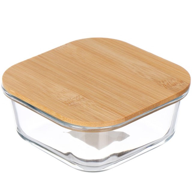 Glass Bowl Rectangular With Bamboo Lid 800ML 16*16*6.5CM,Glass Bowl Rectangular With Bamboo Lid 800ML 16*16*6.5CM