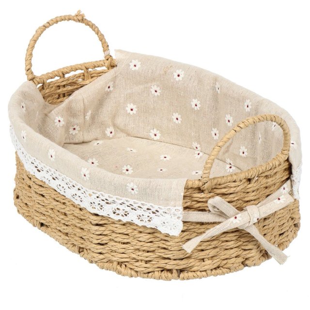 Овальная корзина для хранения из бумажной веревки с бежевой тканью внутри и деревянными ручками 30*21*10 см,Овальная корзина для хранения из бумажной веревки с бежевой тканью внутри и деревянными ручками 30*21*10 см