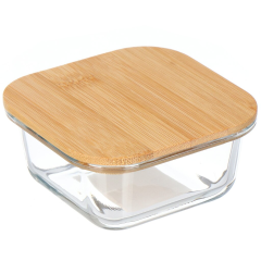 وعاء زجاجي مستطيل بغطاء من الخيزران سعة 320 مل 12*12*5.5 سم,وعاء زجاجي مستطيل بغطاء من الخيزران سعة 320 مل 12*12*5.5 سم