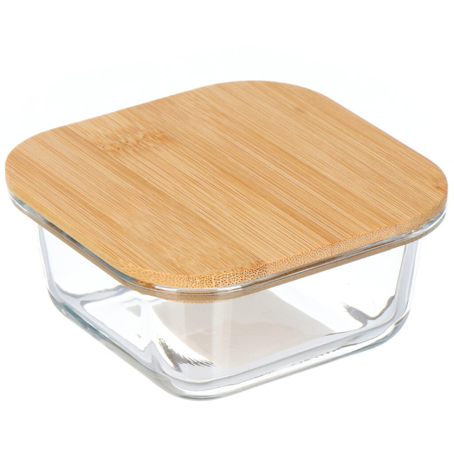 وعاء زجاجي مستطيل بغطاء من الخيزران سعة 320 مل 12*12*5.5 سم,وعاء زجاجي مستطيل بغطاء من الخيزران سعة 320 مل 12*12*5.5 سم