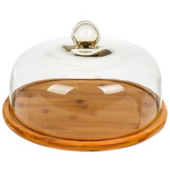 Бамбуковая тарелка для торта со стеклянной круглой крышкой 31*31*19,5 см,Бамбуковая тарелка для торта со стеклянной круглой крышкой 31*31*19,5 см