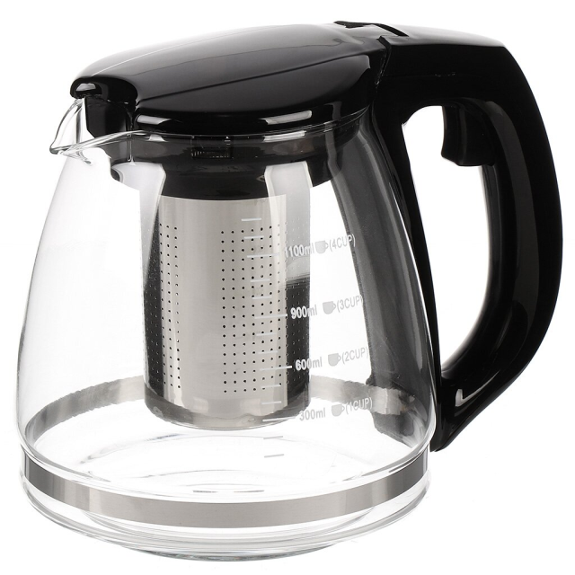 إبريق شاي مع مصفاة زجاج + بلاستيك أسود 1200 مل,إبريق شاي مع مصفاة زجاج + بلاستيك أسود 1200 مل