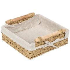 Квадратная корзина для хранения из бумажной веревки с бежевой тканью внутри и деревянными ручками 27*25,5*10,5 см,Квадратная корзина для хранения из бумажной веревки с бежевой тканью внутри и деревянными ручками 27*25,5*10,5 см