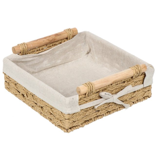 Квадратная корзина для хранения из бумажной веревки с бежевой тканью внутри и деревянными ручками 27*25,5*10,5 см,Квадратная корзина для хранения из бумажной веревки с бежевой тканью внутри и деревянными ручками 27*25,5*10,5 см