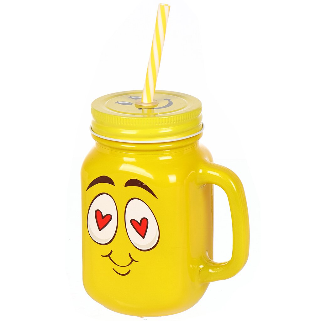 Glass Drink Jar With Lid & Straw 450ML Smiley Emoji,Glass Drink Jar With Lid & Straw 450ML Smiley Emoji
