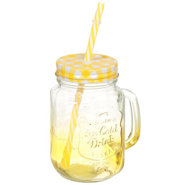 مرطبان زجاجي للمشروبات مع غطاء وقشة 450 مل أصفر,مرطبان زجاجي للمشروبات مع غطاء وقشة 450 مل أصفر
