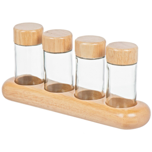 مجموعة توابل مع 4 زجاجات زجاجية وحامل خشبي,مجموعة توابل مع 4 زجاجات زجاجية وحامل خشبي