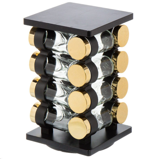 طقم توابل 16 قطعة زجاج + حامل ستانلس ستيل أسود مع غطاء ذهبي,طقم توابل 16 قطعة زجاج + حامل ستانلس ستيل أسود مع غطاء ذهبي