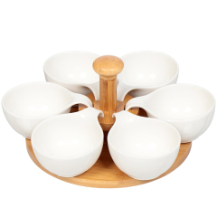 طقم تقديم شاي سيراميك على حامل من الخيزران 26 سم,طقم تقديم شاي سيراميك على حامل من الخيزران 26 سم