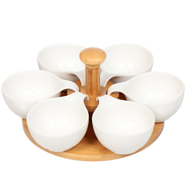 طقم تقديم شاي سيراميك على حامل من الخيزران 26 سم,طقم تقديم شاي سيراميك على حامل من الخيزران 26 سم